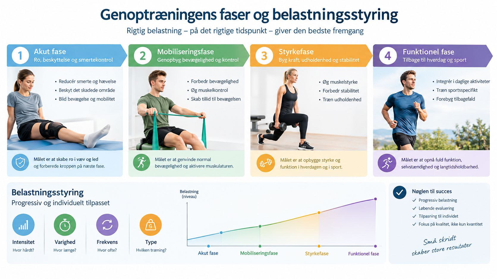 Illustration af genoptræningens fire faser med fokus på progressiv belastningsstyring for en sikker tilbagevenden til fysisk aktivitet.