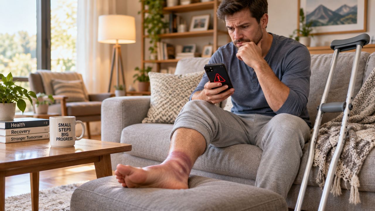 En mand med en forstuvet fod hviler sit ben på en skammel, mens han ser bekymret på sin telefon.