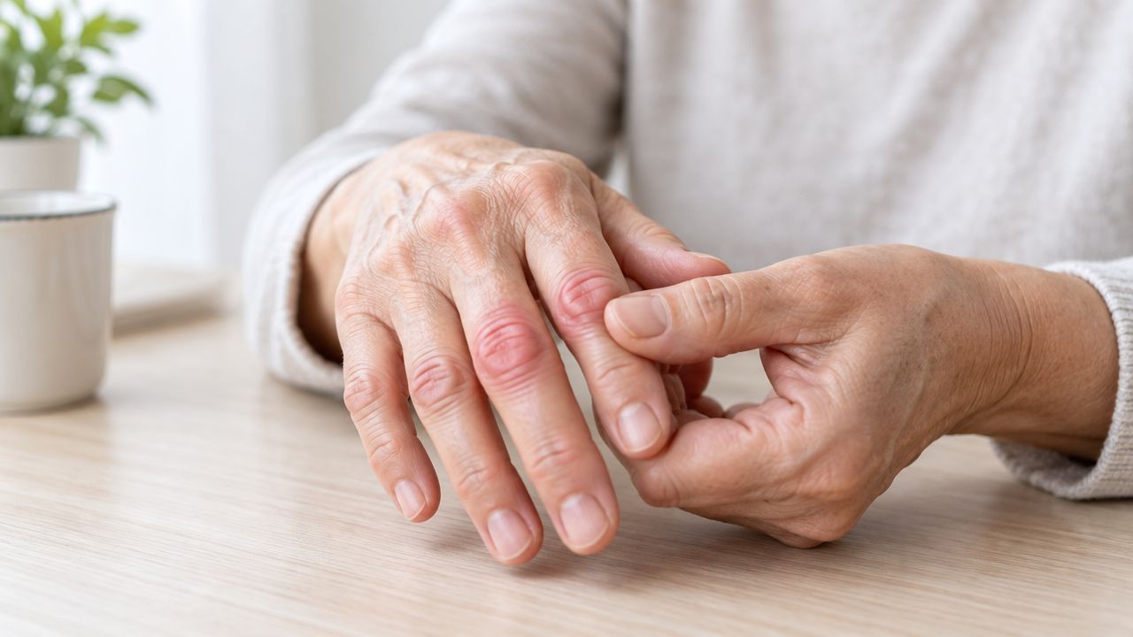 En ældre person holder en hævet og betændt finger på grund af smertefuld leddegigt eller slidgigt.
