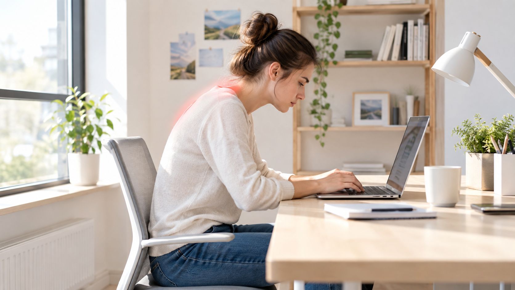 Kvinde med dårlig holdning og rygproblemer, mens hun arbejder ved sin bærbar computer ved et skrivebord.
