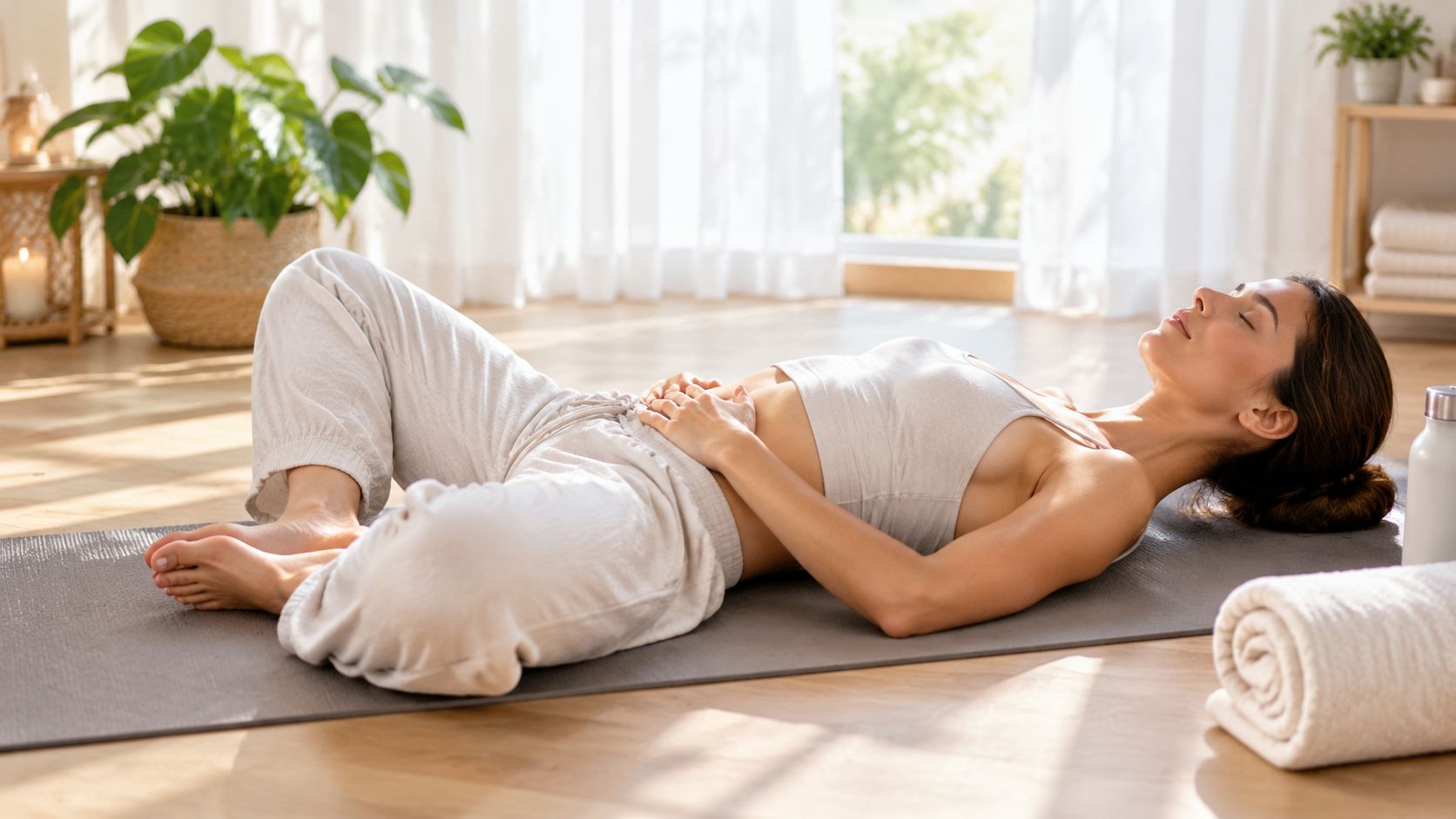 En kvinde praktiserer afspændingsøvelser på en yogamåtte for at lindre muskelspændinger i underlivet i et lyst rum