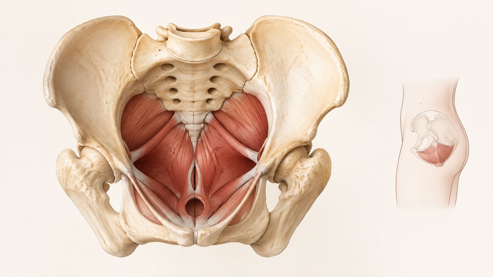 Anatomisk illustration af bækkenbunden med de underliggende muskler set oppefra i et menneskeligt bækken.