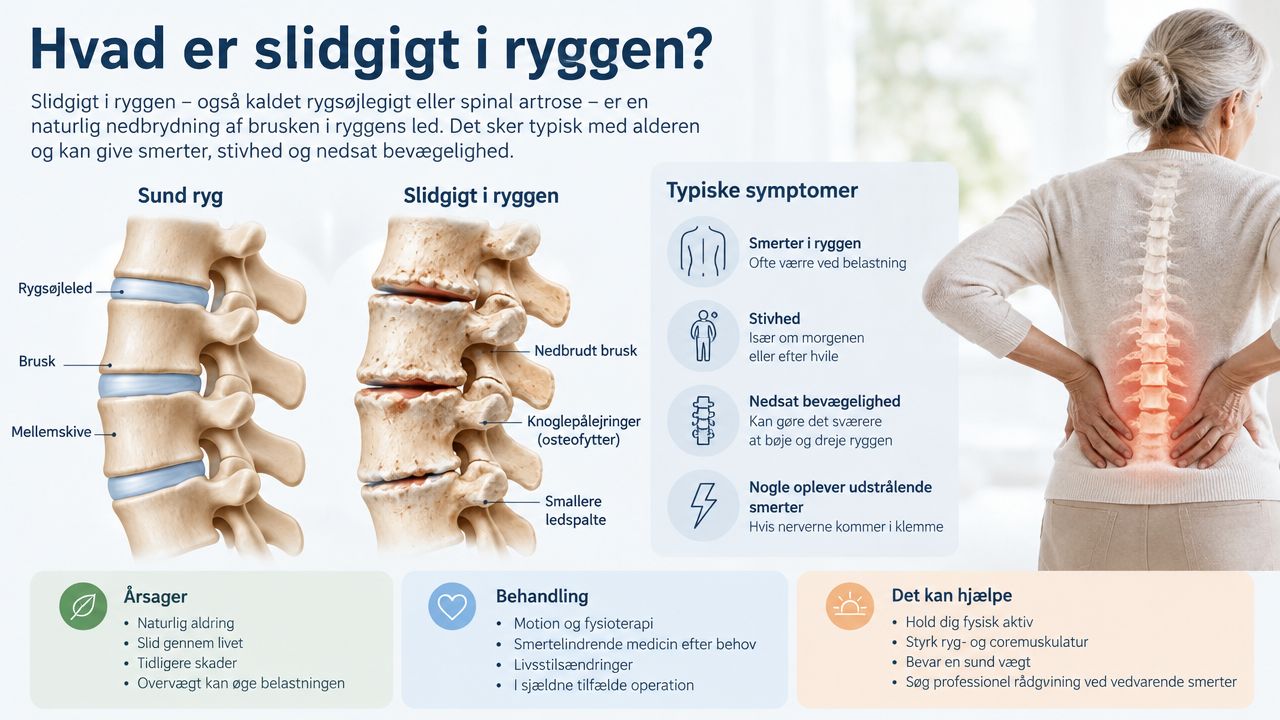 Infografik der forklarer slidgigt i ryggen, symptomer, årsager, behandling og hvordan man kan håndtere tilstanden.