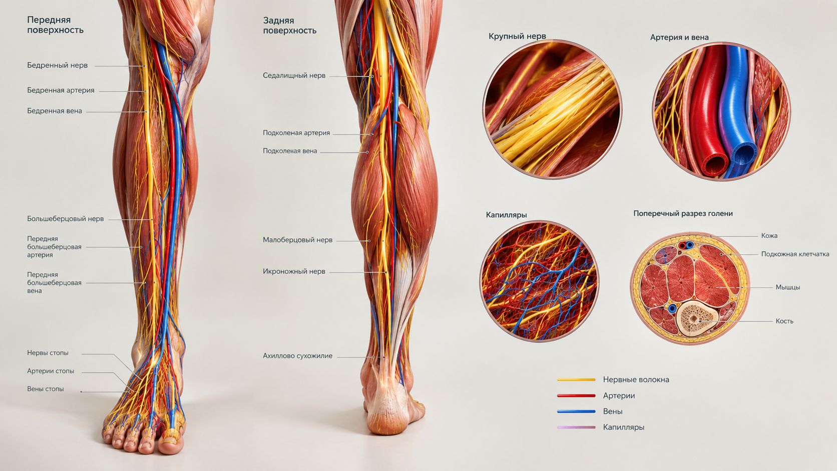 En detaljeret anatomisk illustration af et menneskeben, der viser nerver, arterier, vener og tværsnit af underbenet.