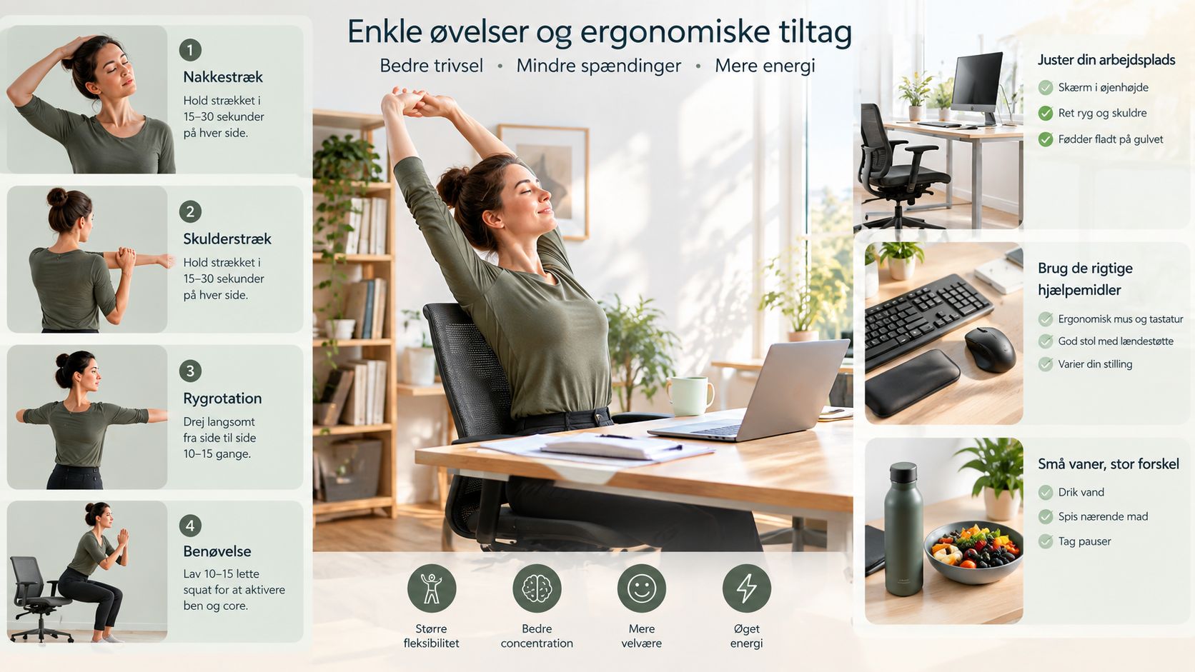 En grafisk guide med øvelser og ergonomiske råd for at mindske spændinger og øge energien ved skrivebordet.