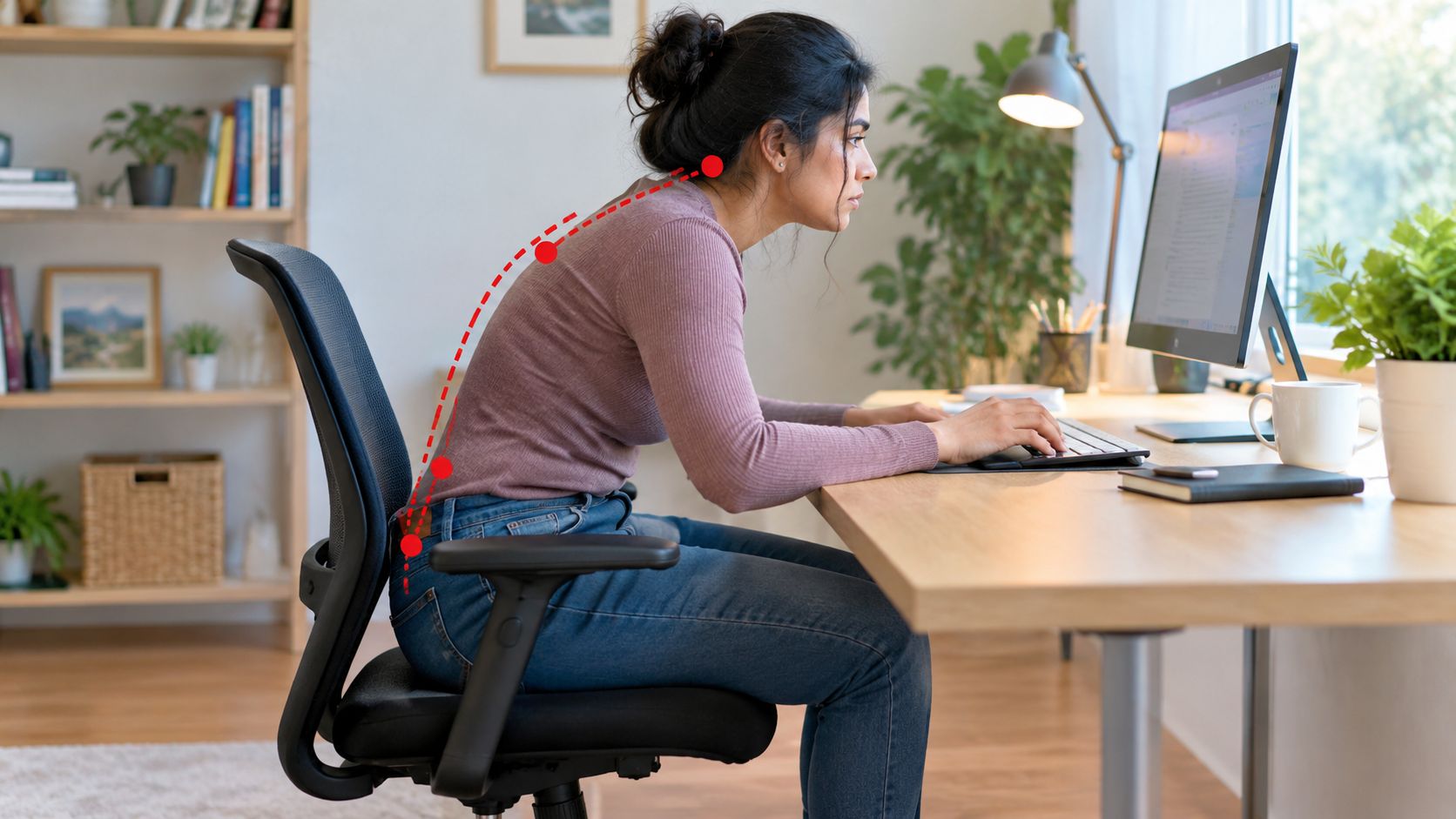 Kvinde med dårlig holdning, der sidder foroverbøjet ved sit skrivebord foran en computerskærm.