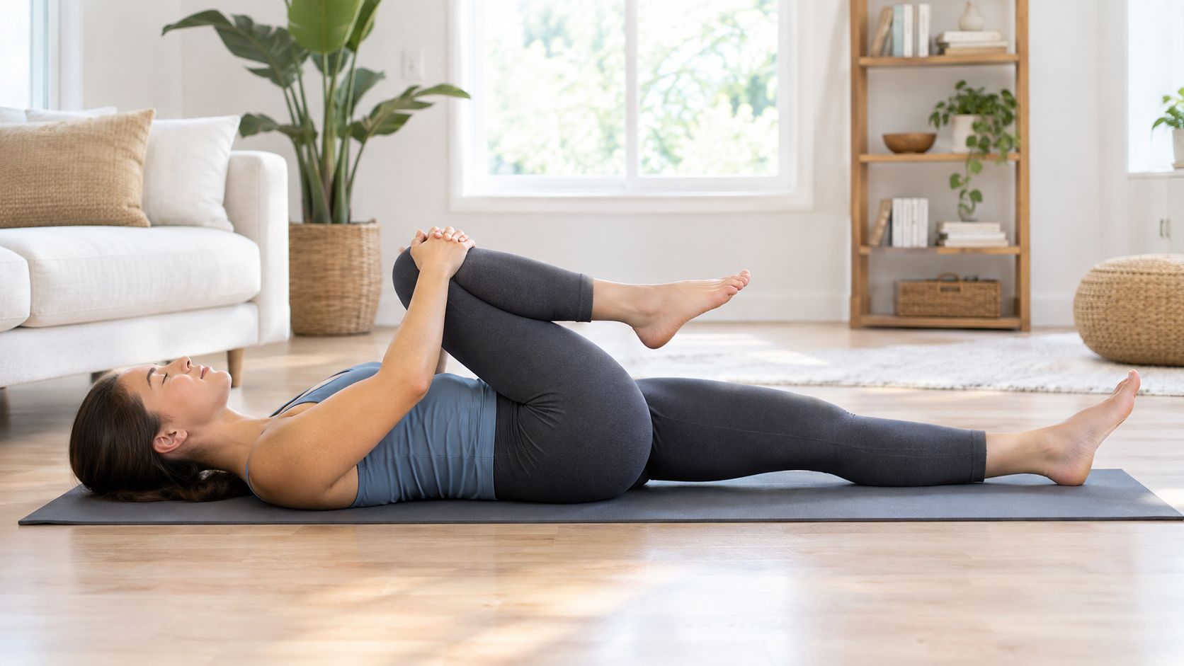Kvinde ligger på en yogamåtte og udfører en knæ-til-bryst strækøvelse for at lindre smerter i ryggen.