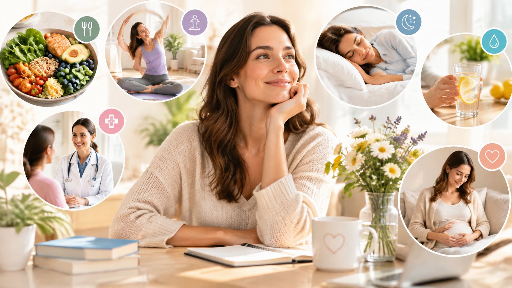 En smilende kvinde reflekterer over sund livsstil og velvære med illustrationer af sund kost, yoga og lægebesøg.