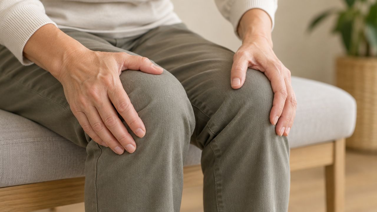En ældre person sidder ned med hænderne hvilende på sine knæ i en afslappet og rolig position.