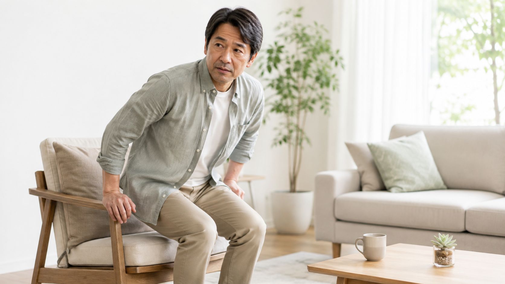 En midaldrende asiatisk mand rejser sig forsigtigt op fra en lænestol og virker besværet i sine ben.