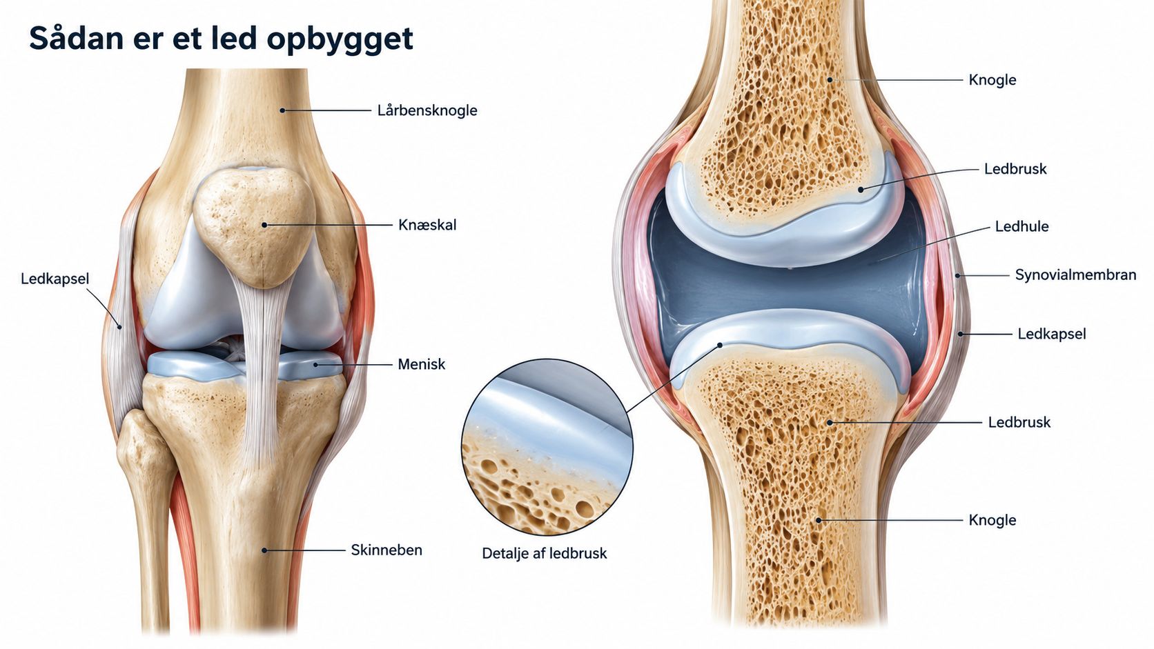En detaljeret anatomisk illustration, der viser strukturen af et menneskeligt knæled og dets forskellige komponenter.