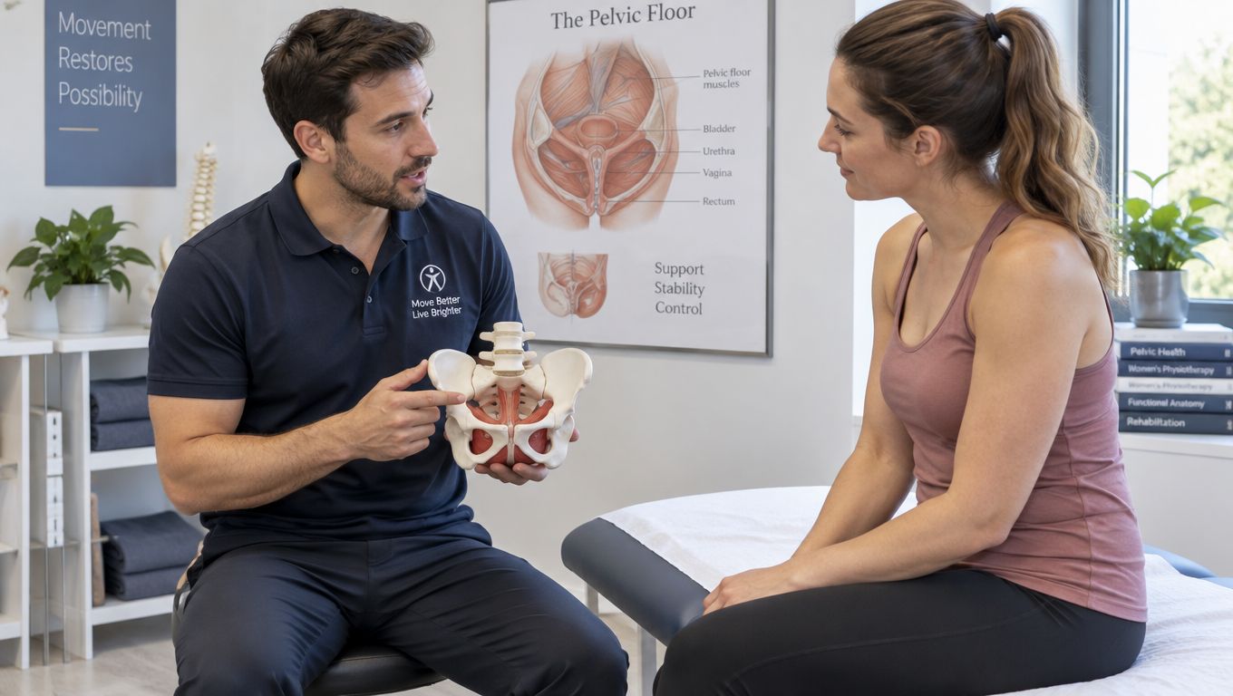 En fysioterapeut forklarer om bækkenbundens muskler til en kvindelig patient ved hjælp af en anatomisk bækkenmodel.