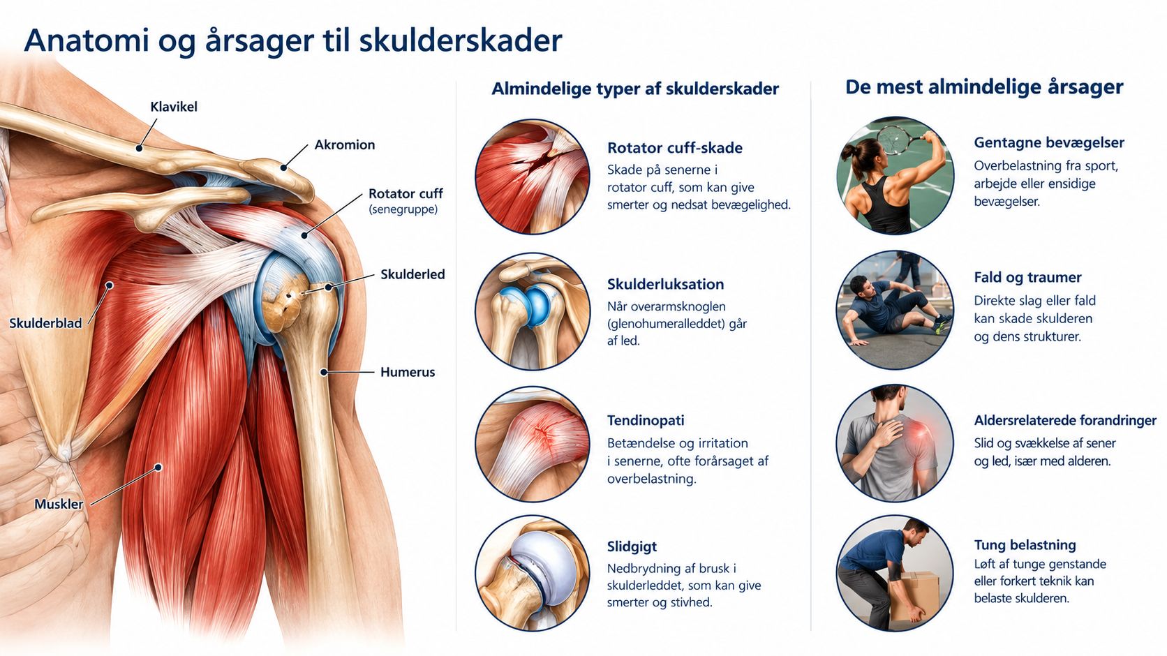 En lærerig illustration, der viser menneskets skulderanatomi sammen med de mest almindelige typer skulderskader og deres årsager.