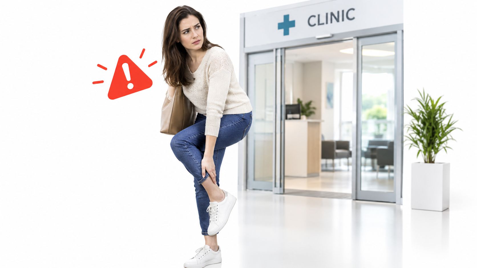 En kvinde med smerter i anklen står foran en klinik, mens hun holder sig på sit ben.