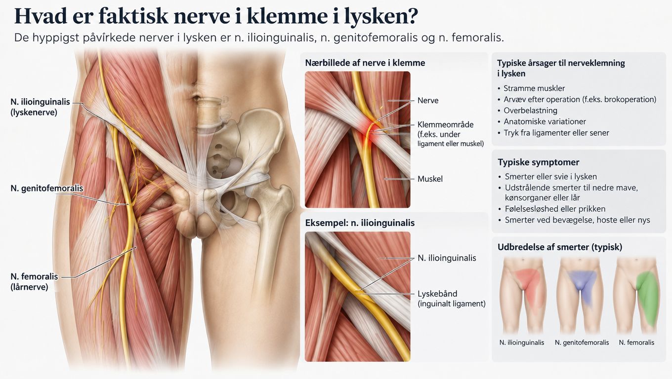 Anatomisk illustration af nerver i lysken og forklaring af årsager, symptomer samt smerteudbredelse ved nerveafklemning.