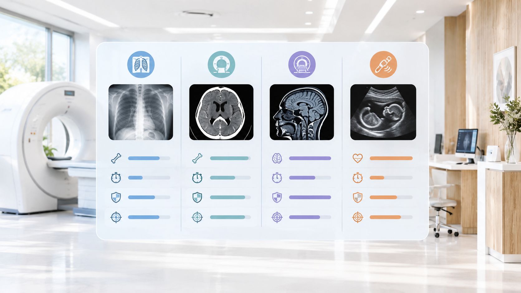 En oversigtstabel der sammenligner røntgen, CT, MR og ultralydsscanninger med ikoner og visualiseret data i en klinik.