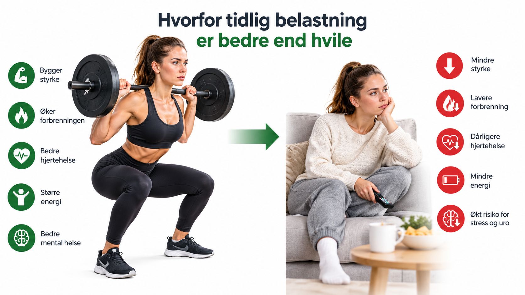 En infografik der sammenligner fordelene ved tidlig belastende træning over for inaktiv hvile for kroppen.